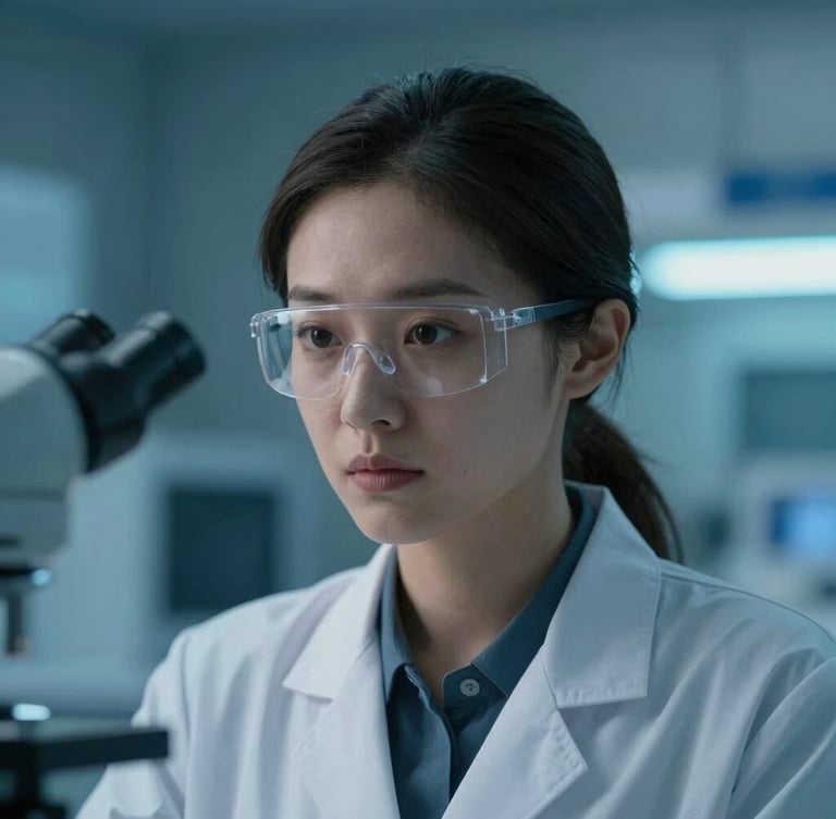 Cinematic medium close-up of a focused female laboratory researcher in a sterile modern facility, cool blue and teal ambient lighting, 35mm.