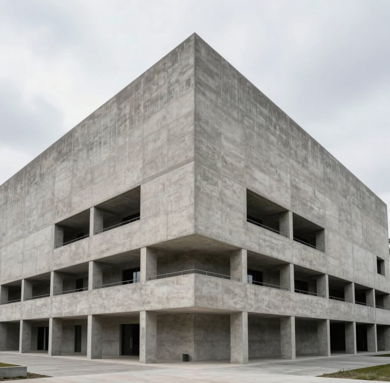 Symmetrical wide angle architectural elevation of a massive raw concrete building under high-contrast overcast daylight, clean lines, minimalist structure