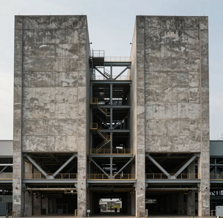 Symmetrical wide architectural elevation of a massive raw concrete and steel industrial facility under overcast morning light.
