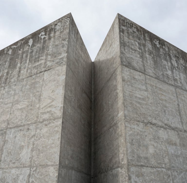 Symmetrical architectural elevation of a massive raw concrete structure under overcast daylight, sharp material joins, industrial scale.