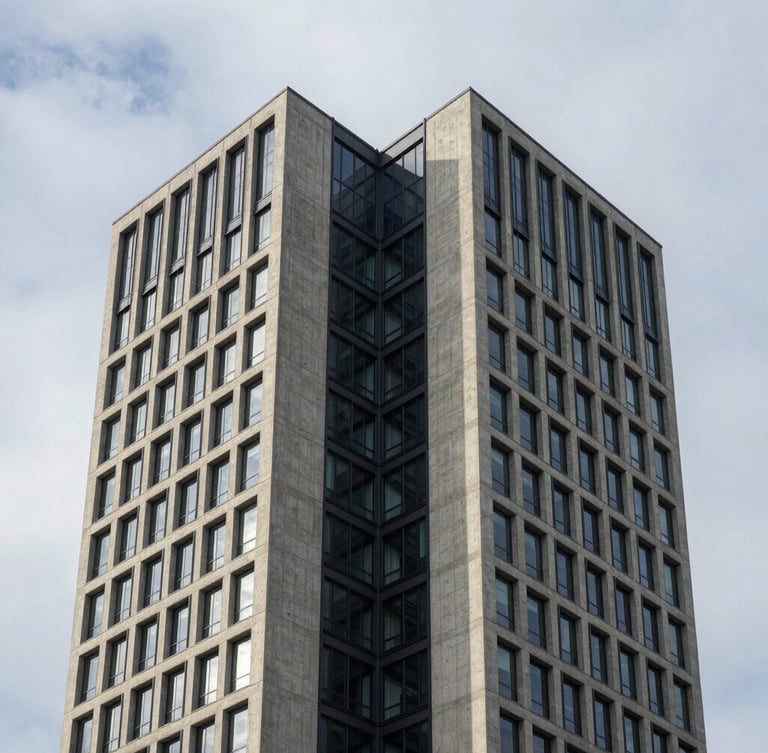 Symmetrical architectural elevation of a modern concrete and steel commercial tower under overcast morning light, clean lines, high contrast