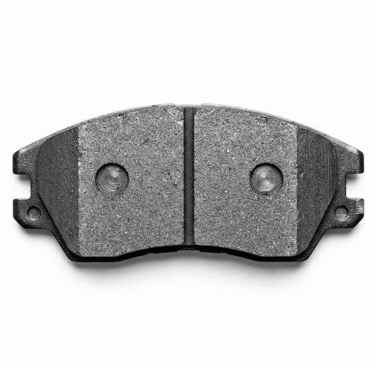 Macro studio product shot of a pristine metallic brake pad, top-down angle, high-contrast hard technical lighting, crisp white background, showing the chamfer and slot details.