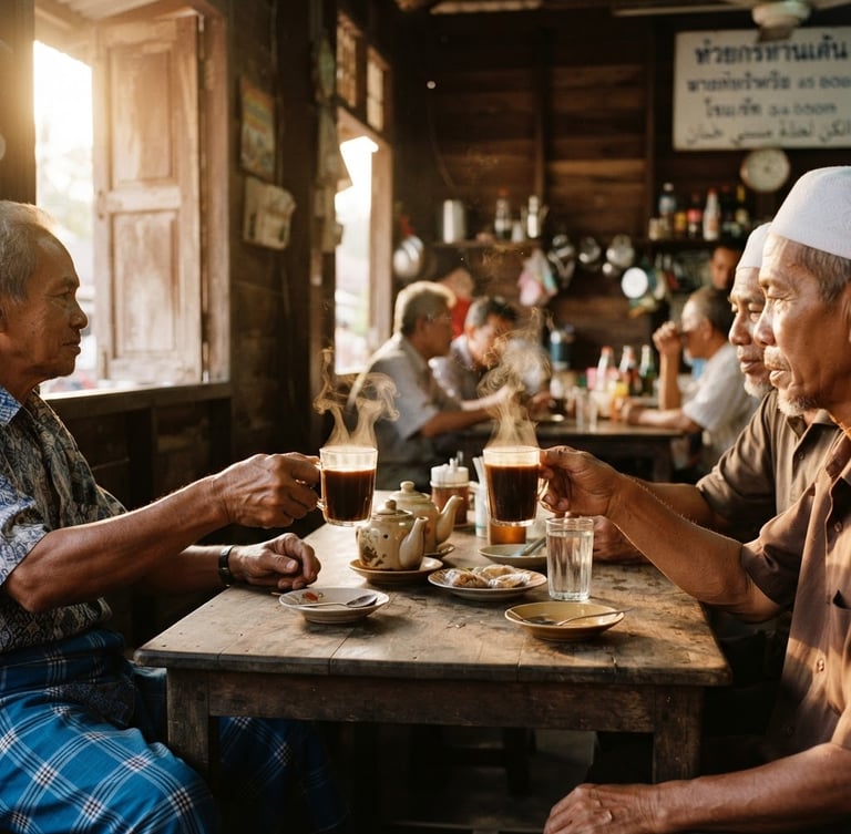 A warm morning tea gathering at a local wooden coffee shop in Pattani, soft golden-hour sunlight filtering through the window, hands holding traditional glasses, steam rising, authentic local atmosphere, 35mm photography
