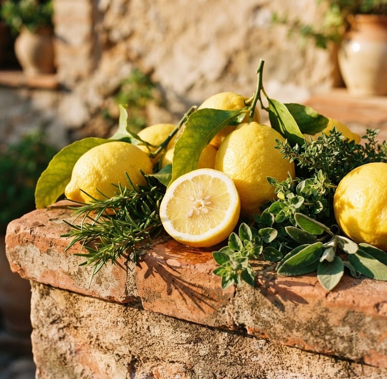 Close-up of fresh lemons and wild herbs on a rustic terracotta ledge under bright golden-hour sunlight, sharp shadows, warm editorial photography style.