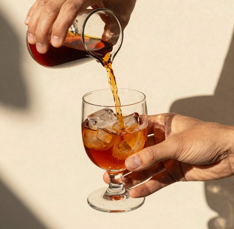 Close-up of hands pouring deep terracotta-colored liqueur into an elegant glass with ice, bright high-contrast Mediterranean sunlight, sharp shadows, warm editorial photography, 35mm
