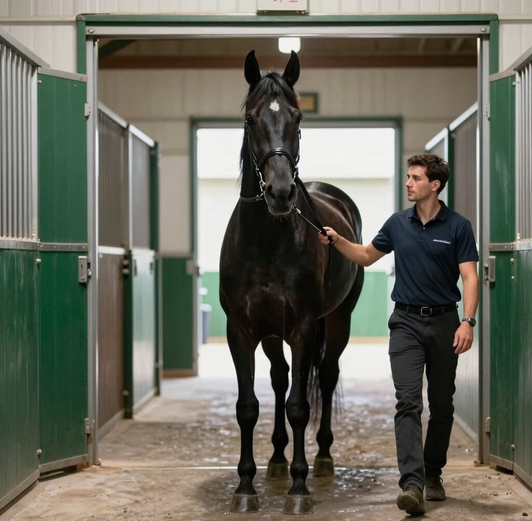A majestic black horse being led through clean stable corridors by a trainer, high-contrast shadows, rich green stable doors.