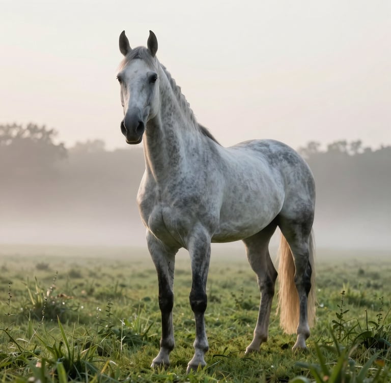 A striking grey thoroughbred horse standing alert in a lush green paddock, early morning mist rising from the grass, soft dawn light, cinematic 21:9 composition.