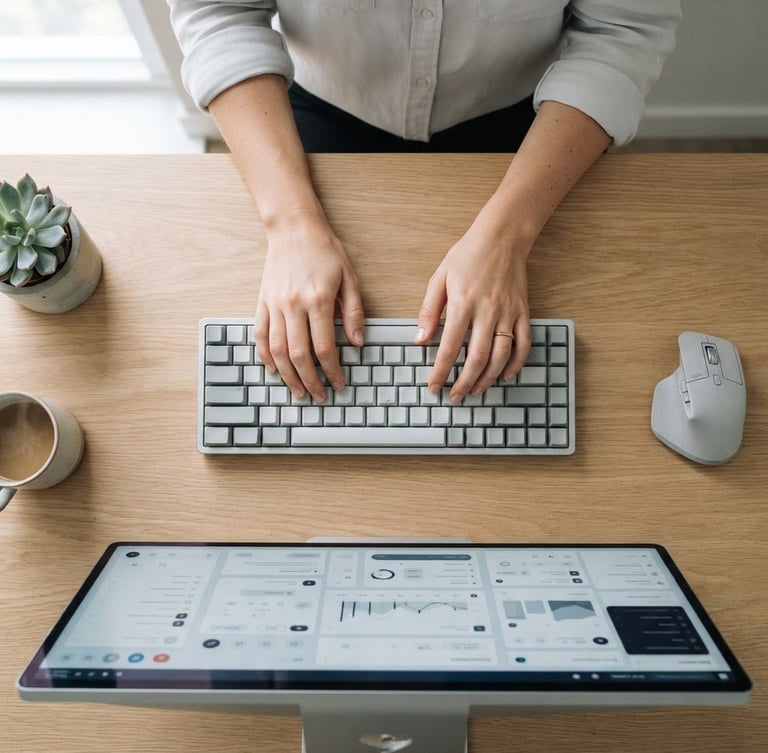 Clean, high-fidelity UI screenshot of a software dashboard with subtle drop shadows, hands typing on a minimalist mechanical keyboard, bright natural daylight, top-down flat lay, cool desaturated tones, sharp focus, 50mm lens.
