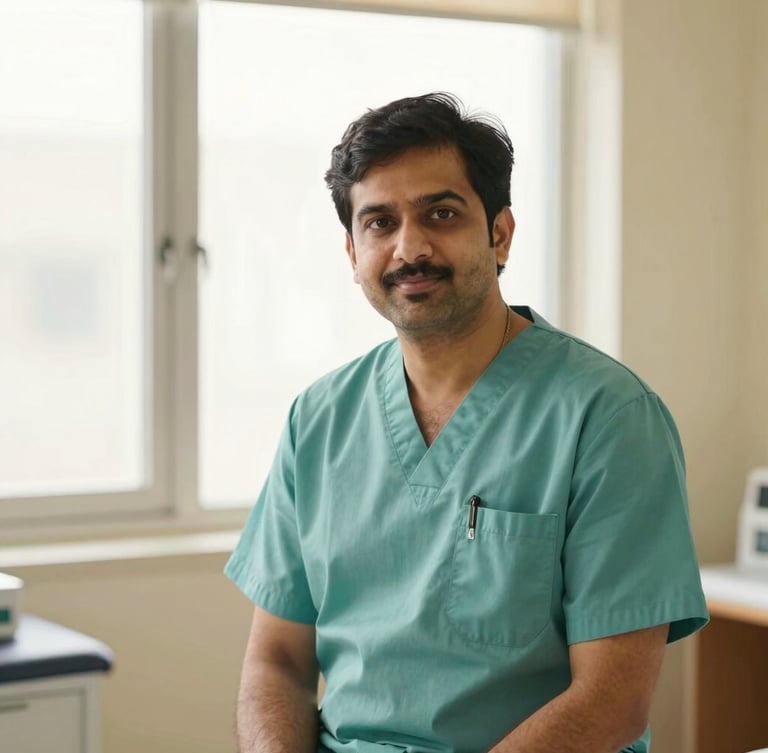 Warm editorial portrait of Dr. Sumit Alaspure in a clean medical consultation room, natural window light, deep teal and cream tones, shallow depth of field