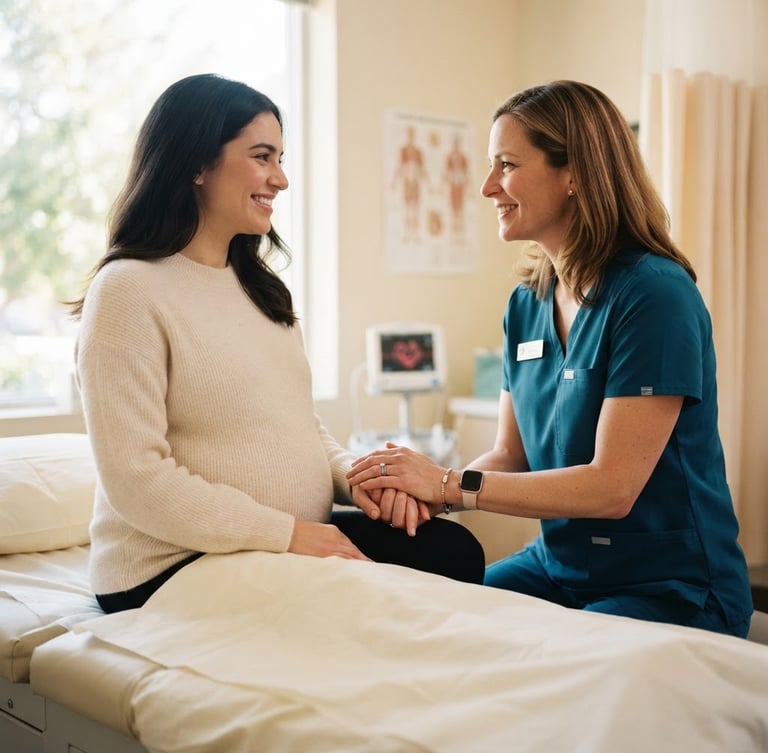 Warm editorial medical photography of a doctor gently holding an expectant mother's hand in a sunlit clinic room, soft teal and cream tones, shallow depth of field.