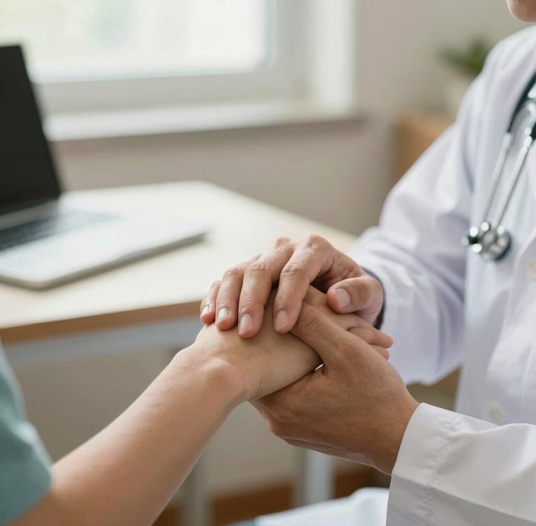 Close-up of a doctor's hands gently holding a patient's hand during a consultation, warm natural light, soft-focus background with a clinical desk.