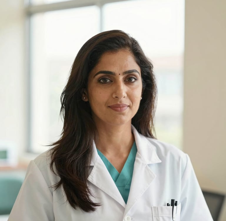 Warm editorial portrait of Dr. Nisha Ghumare Alaspure inside the clinic, bright natural window light, soft cream background, professional and compassionate look