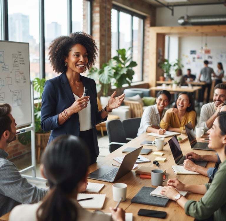 Bright editorial photography of a professional adult presenting confidently in a modern collaborative workshop setting, natural daylight, vibrant tones, shallow depth of field