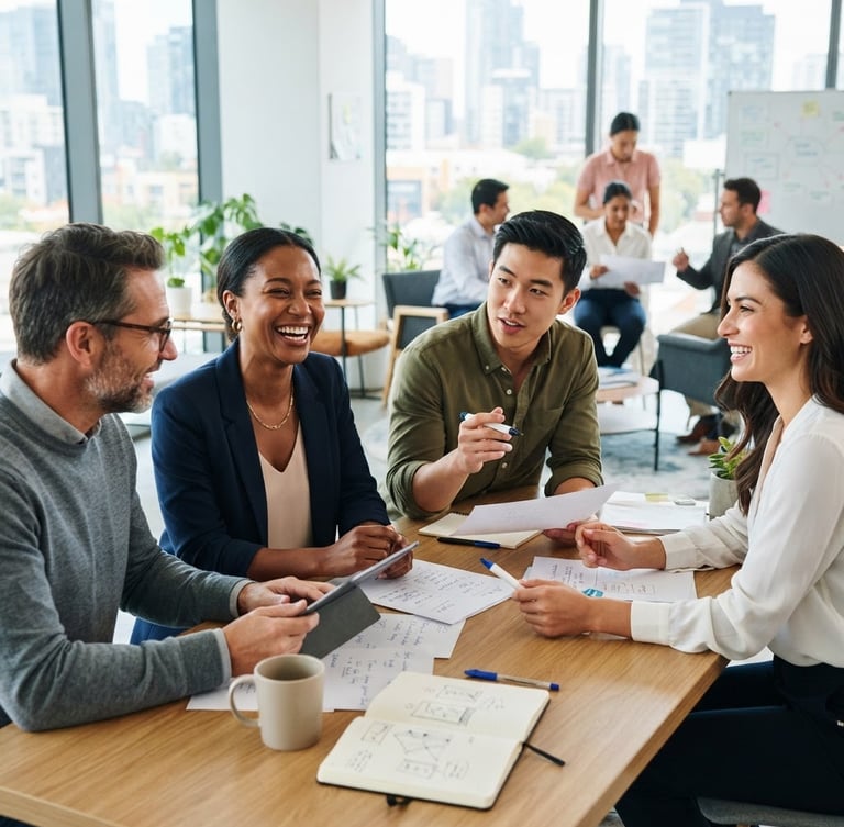 Bright editorial photography of professional adults in a collaborative modern workshop setting, natural daylight, confident expressions, shallow depth of field