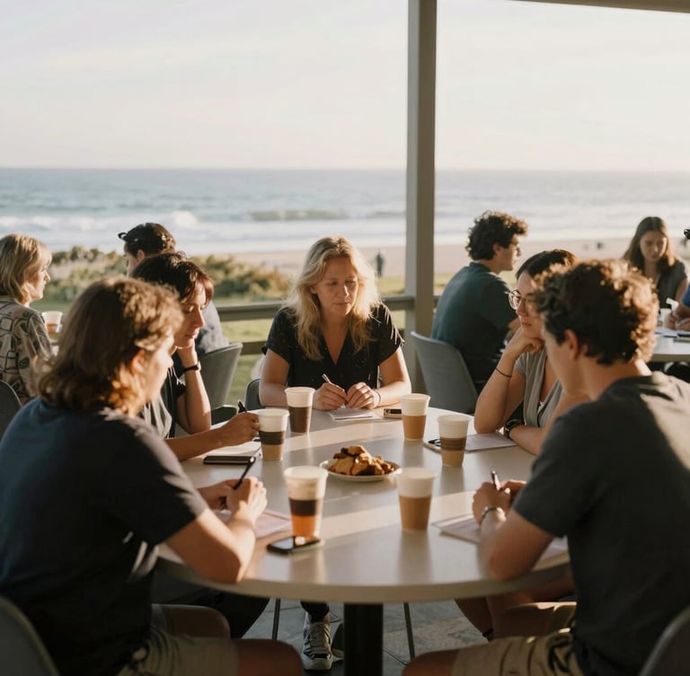 A bright community room in Signal Hill with local residents gathered around tables collaborating, soft coastal daylight, warm editorial photography, soft coastal golden-hour light, muted ocean tones, natural grain, shallow depth of field, 35mm.