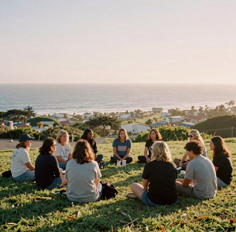 Warm editorial photography of community members sitting together in a sunlit Signal Hill park, soft coastal golden-hour light, natural grain, 35mm.