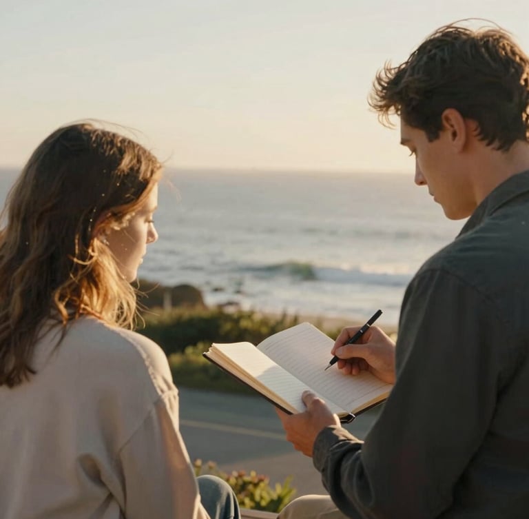 A quiet moment of mentorship in a sunny Signal Hill courtyard, warm golden-hour light, two people looking at a notebook, shallow depth of field, 35mm
