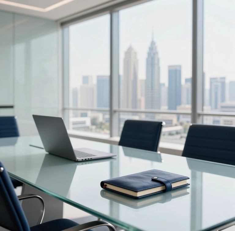 A crisp over-the-shoulder shot of an instructor drawing a clean, geometric cognitive framework diagram on a glass whiteboard, bright natural office light, modern corporate workspace.