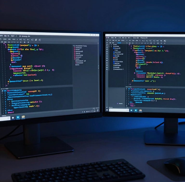 Sleek tech photography, low-key cool studio lighting, deep slate and electric blue tones, sharp macro focus of a clean workspace with dual monitors displaying structured code blocks