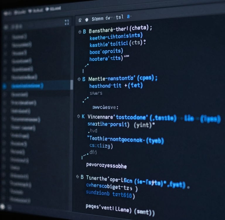 Sleek tech photography of a dark IDE interface showing clean, well-structured code blocks with electric blue syntax highlights, low-key cool studio lighting, sharp macro focus, 50mm.