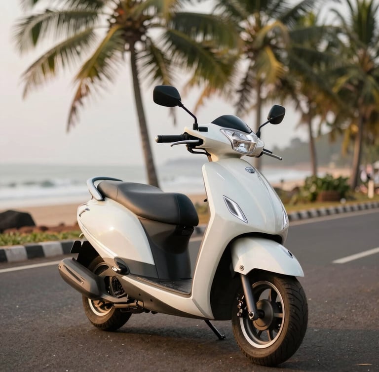 Pristine white Honda Activa 125 scooter parked on a quiet coastal road in Gokarna, palm trees in soft focus background, crisp warm morning light