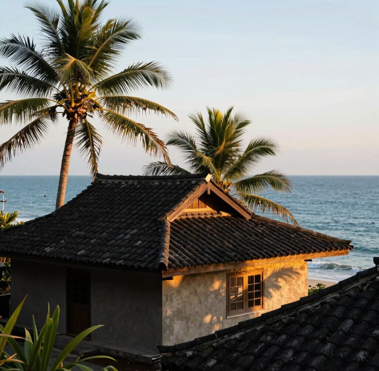 A vertical portrait of a traditional coastal cottage with a tiled roof, surrounded by coconut palms and overlooking the blue sea, soft warm morning light, premium architectural photography.