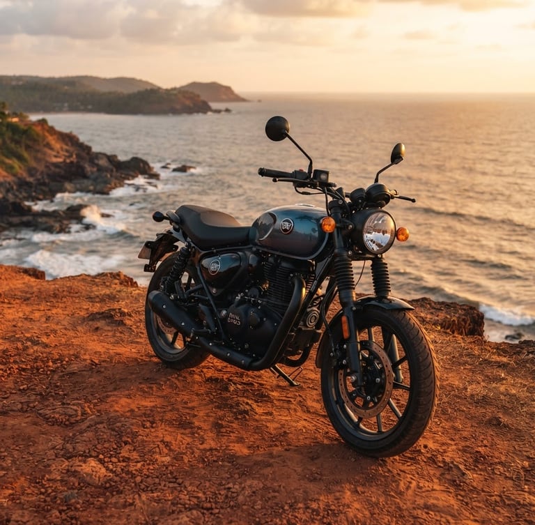 Low-angle hero shot of a pristine Royal Enfield Hunter 350 parked on a red clay cliff overlooking the Gokarna ocean, golden hour lighting, 35mm lens, premium automotive photography style