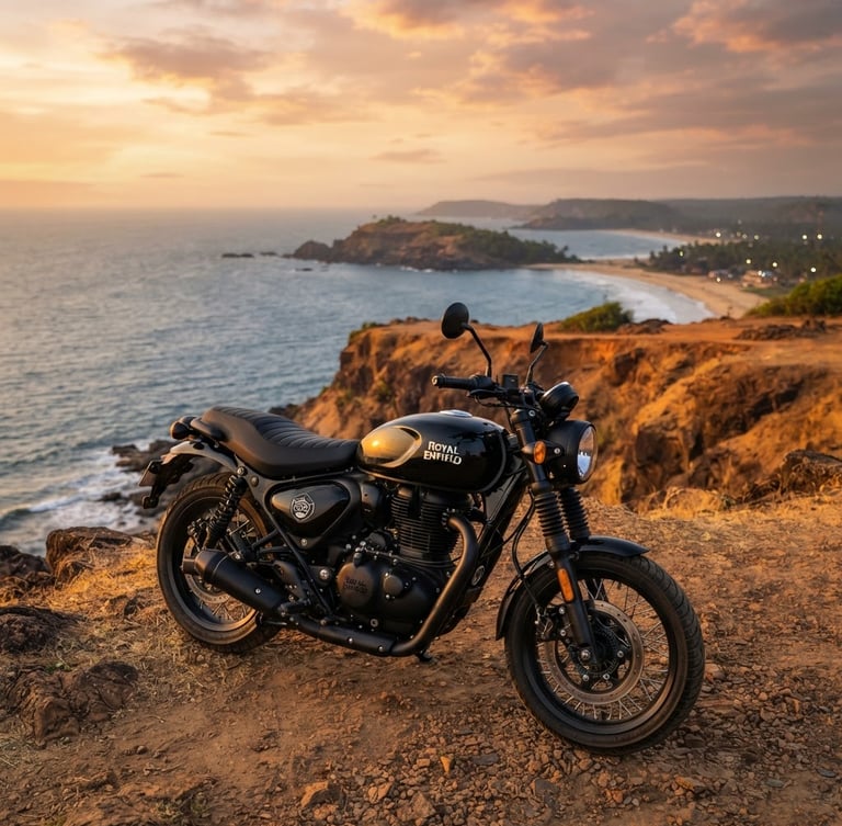 Low-angle hero shot of a pristine Royal Enfield Hunter 350 parked on a dramatic golden cliff overlooking the Gokarna ocean, warm low-sun golden hour light, premium automotive photography style.