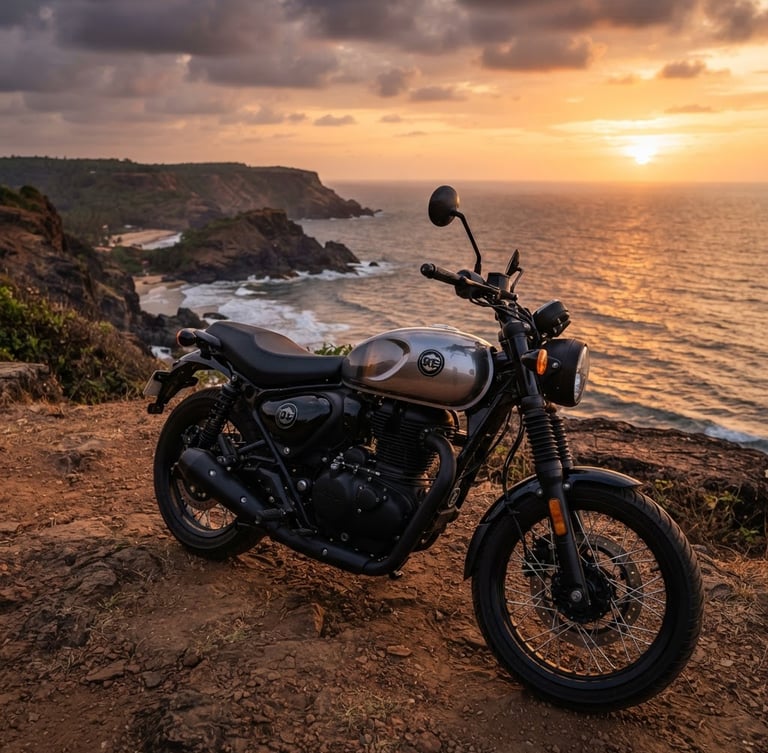 Low-angle hero shot of a pristine Royal Enfield Hunter 350 parked on a dramatic Gokarna cliff at sunset, warm golden-hour light reflecting off the clean metallic fuel tank.
