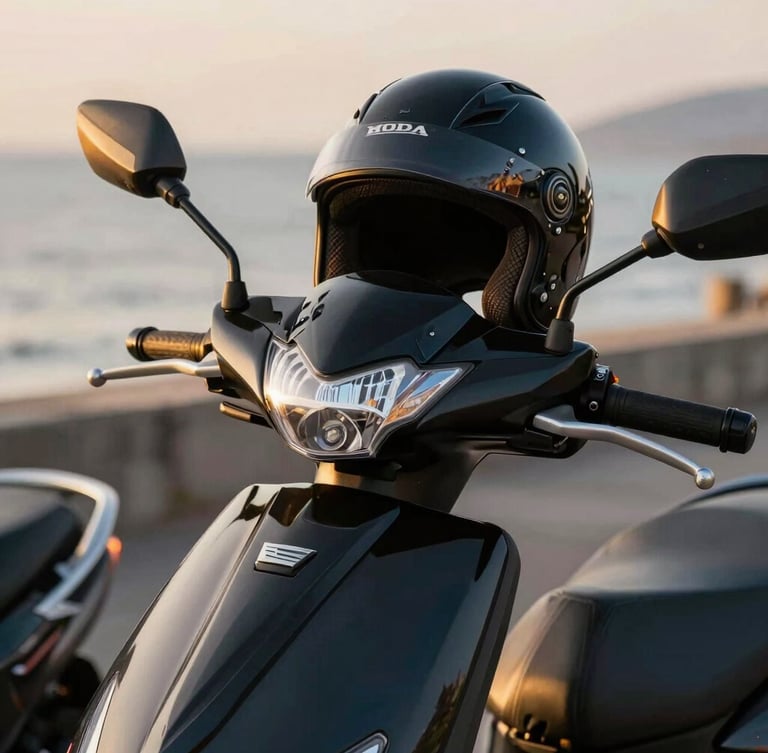 Close-up of clean handlebars and a premium black helmet resting on a highly polished Honda Activa 125, golden hour light reflecting off metallic surfaces, shallow depth of field.