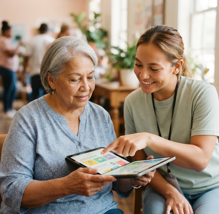 Medium close-up of a patient volunteer smiling and pointing gently to a tablet screen held by an older adult, warm natural daylight, Georgia community setting.