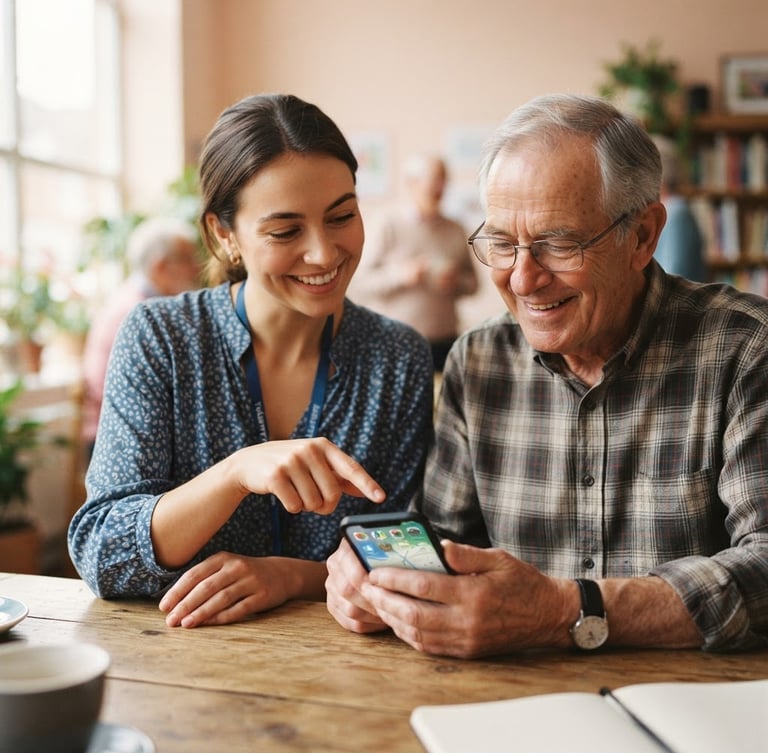 A warm editorial photograph of a friendly volunteer pointing gently to a smartphone screen while an older adult smiles, soft natural daylight, shallow depth of field, authentic.