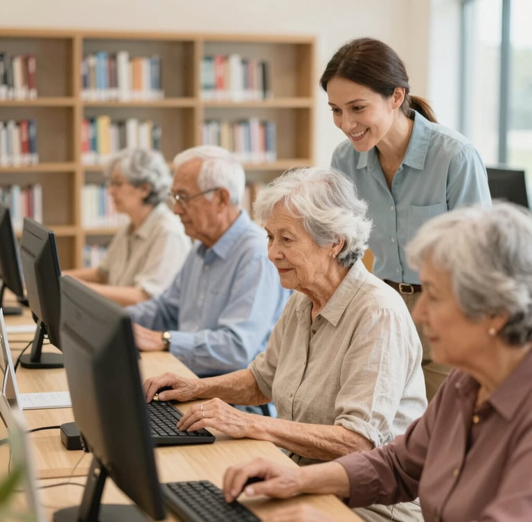 Older adults attending a computer literacy class in a bright, warm Georgia public library, a friendly instructor helping a senior in a relaxed environment.