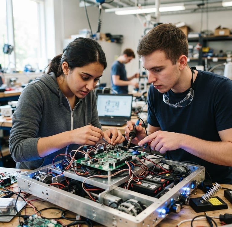 Eye-level shot of two students collaborating intensely over a metal robot chassis, hands adjusting wires on a green circuit board, crisp editorial photography, bright natural daylight with cool blue LED highlights.