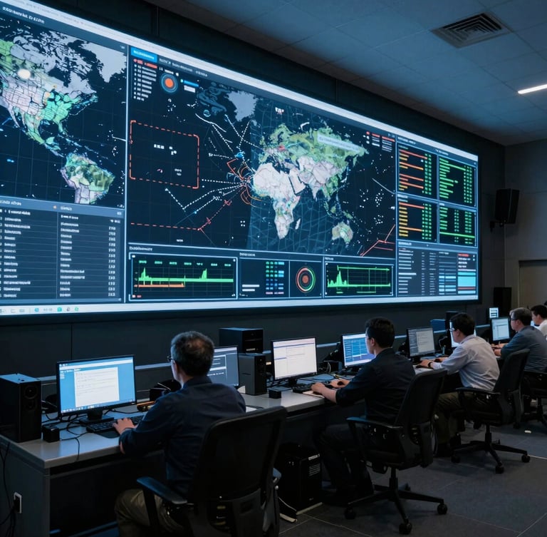 Low-light tactical command center with a massive multi-screen data wall displaying digital maps and real-time telemetry, cool blue glow reflecting on professional analysts, cinematic wide angle.