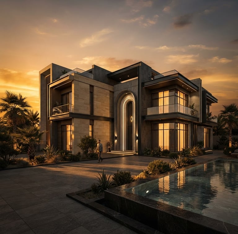 Wide-angle cinematic shot of a modern luxury villa facade in Fallujah at golden hour, dramatic architectural lines, warm golden light, deep shadows, high detail.
