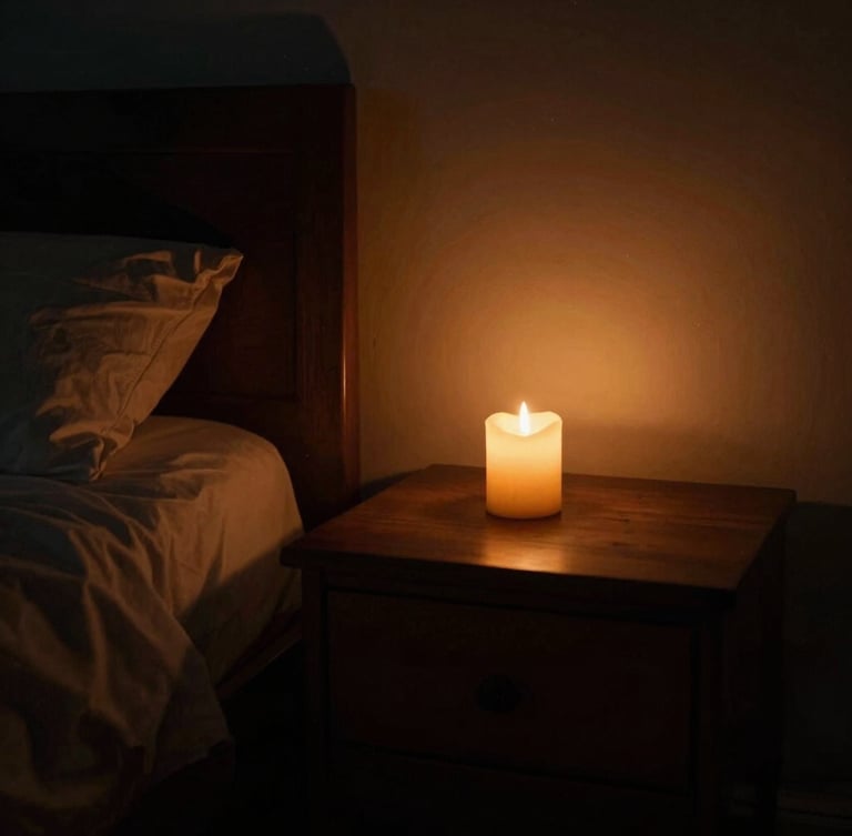 Moody low-light photograph of a bedroom at sunset, warm amber candle light on a dark wooden nightstand, deep shadow tones, 35mm cinematic depth of field.