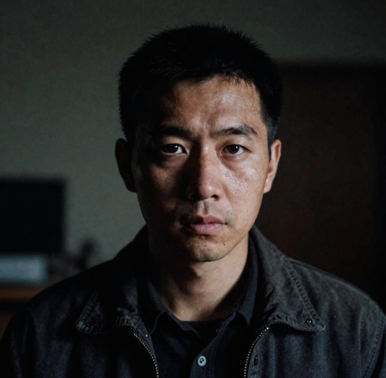 Dramatic close-up portrait of an investigative journalist in a dark room, low-key lighting, high-contrast shadows, 35mm film grain, desaturated tones, looking intense and focused