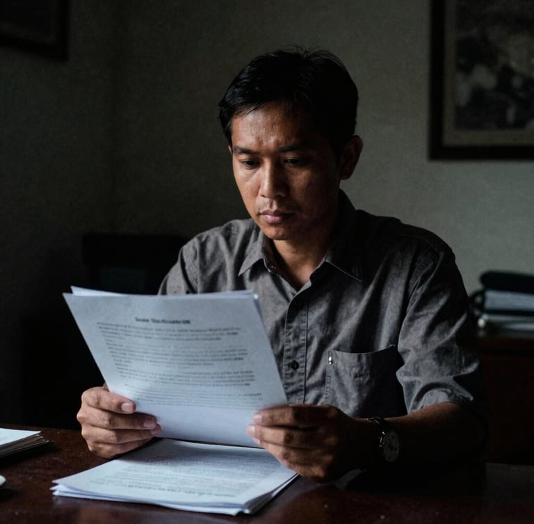 Dramatic environmental portrait of an investigative journalist reviewing documents in a low-key, dimly lit room in Jakarta, deep shadows, high-contrast lighting, 35mm film grain, serious mood