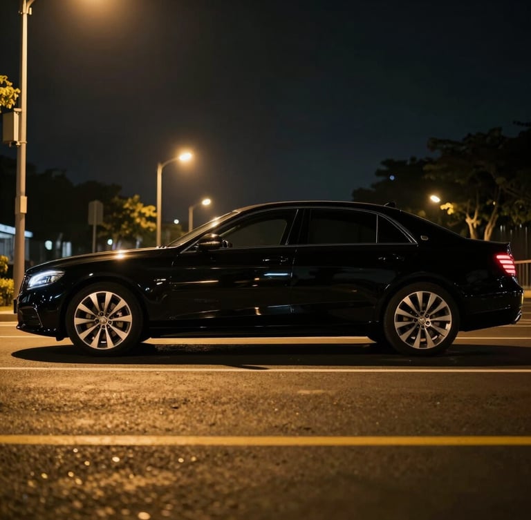 Cinematic side profile of a polished black executive sedan parked under soft golden streetlights at night, subtle reflections on the pristine paint, 35mm lens, low-key lighting.