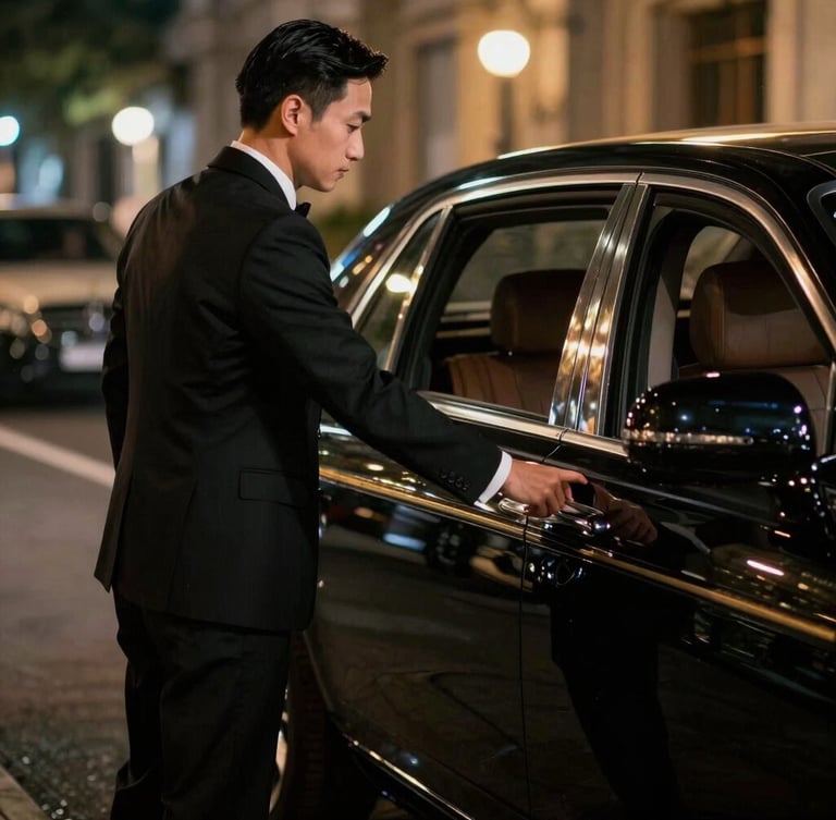 A professional chauffeur in a sharp black suit opening the rear door of a premium sedan, blurred city lights in the background, cinematic luxury photography, elegant and respectful posture.