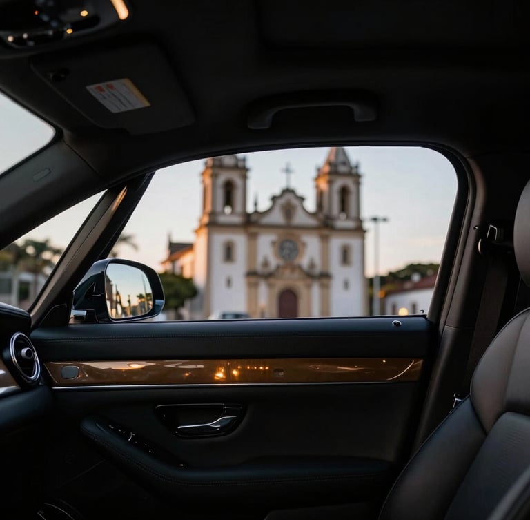 A close-up of a pristine leather interior of a luxury sedan, looking through the rear window at a blurred historic Brazilian cathedral under soft evening light.