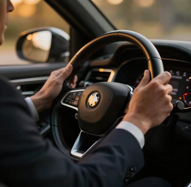 Close-up macro shot of a chauffeur in a tailored dark suit holding a leather-wrapped steering wheel, soft golden dashboard lights, shallow depth of field.