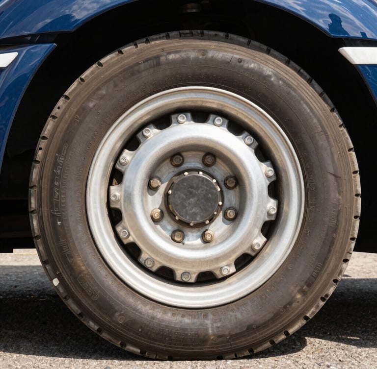 Low-angle heroic shot of a clean commercial semi-trailer wheel, polished aluminum rim, heavy-duty lug nuts, bright morning daylight, sharp focus