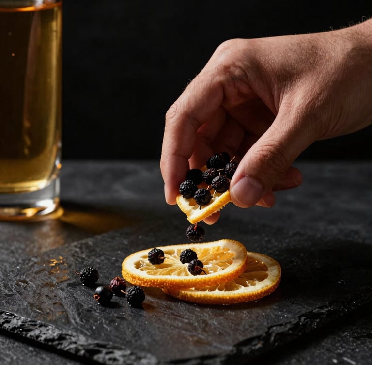 Hands of a master distiller carefully measuring dried juniper berries and citrus peels on a dark wet stone surface, dramatic side lighting, luxury moody beverage style