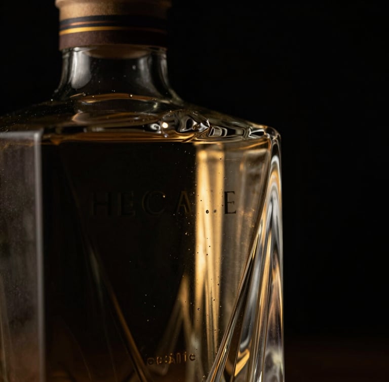 Macro close-up of the Hecate Gin bottle, dramatic chiaroscuro lighting, single golden light beam highlighting the sharp glass cuts, deep black background, luxury editorial feel