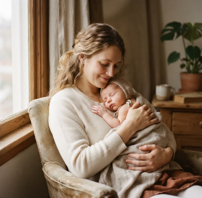 Warm editorial photography of a mother gently holding her baby in soft morning window light, shallow depth of field, 35mm