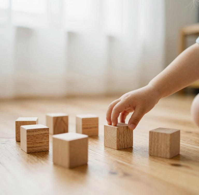A young child playing with natural wooden blocks on a warm wooden floor, soft morning light, shallow depth of field, candid 35mm