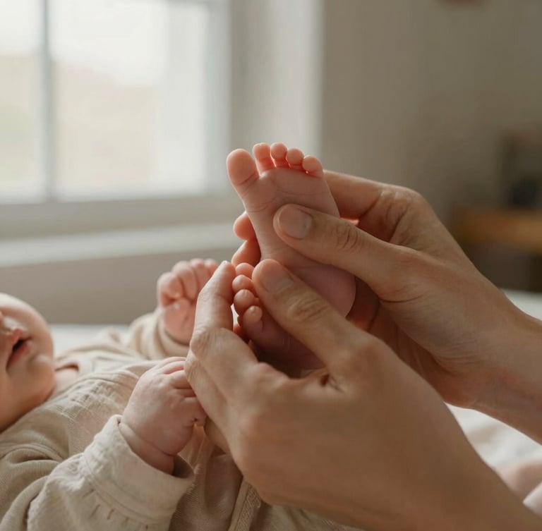 A close-up of a mother's hands gently holding a newborn baby's feet, soft linen textures, warm morning window light, shallow depth of field, warm editorial photography