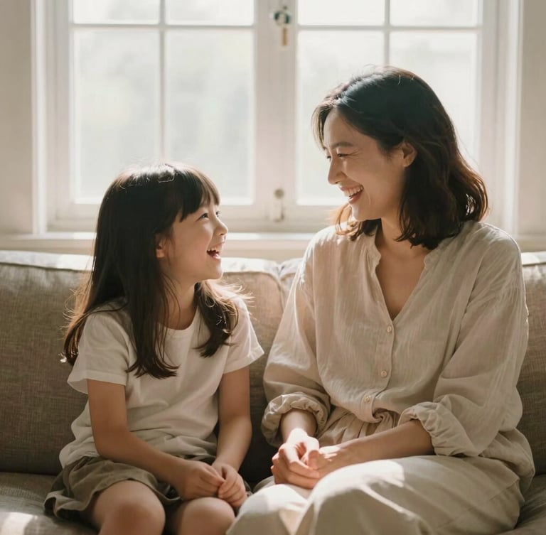 A mother and her school-aged daughter laughing together on a cozy sofa, soft morning window light, warm earth tones, 35mm